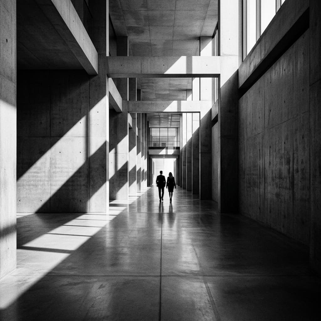 Pasillo de concreto con dos personas al fondo
